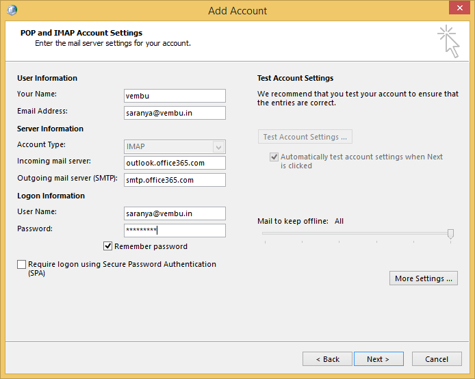 Configuring Office 365 using IMAP