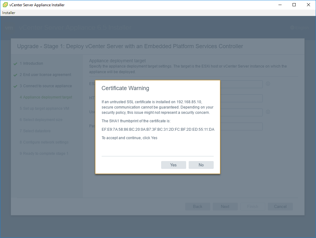 Migrating from VCSA6 to VCSA6.5