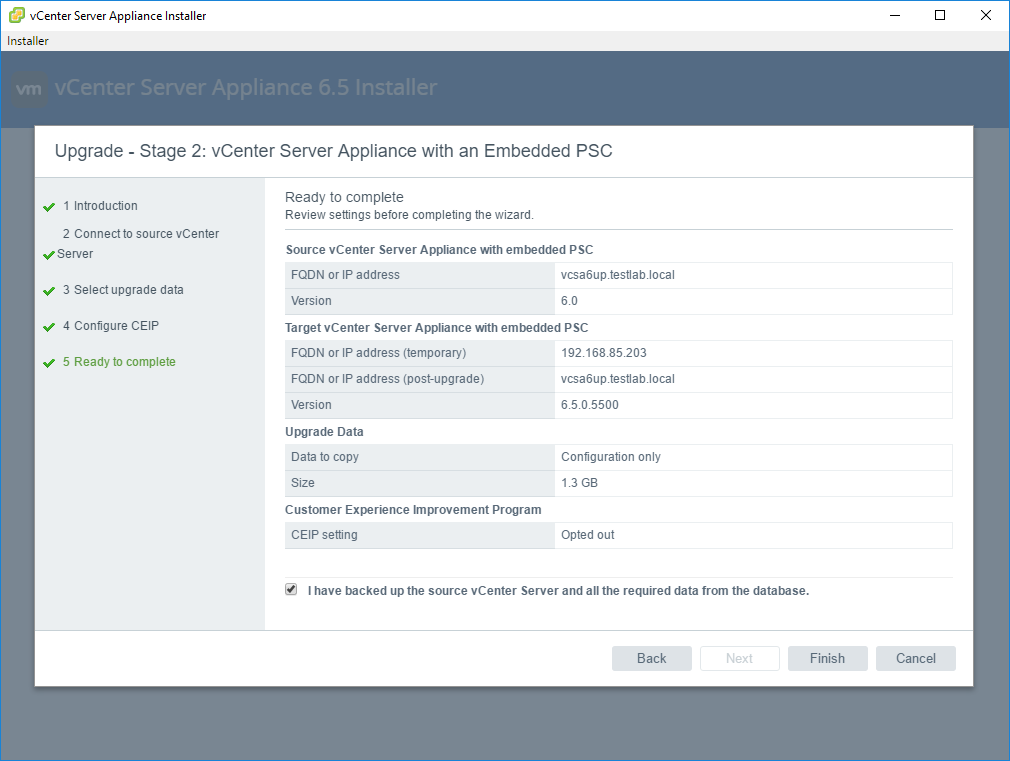 Migrating from VCSA6 to VCSA6.5