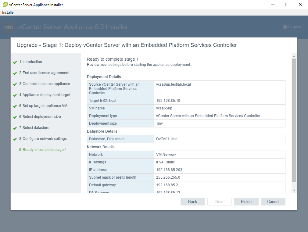 Migrating from VCSA6 to VCSA6.5