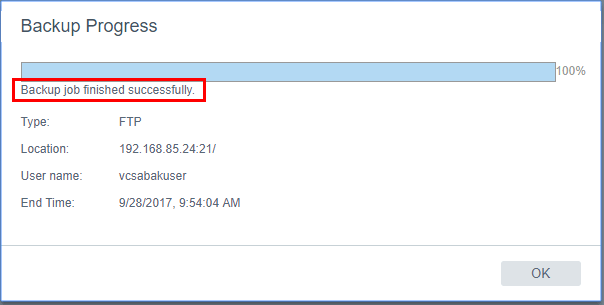 VCSA 6.5 backup operation completed successfully