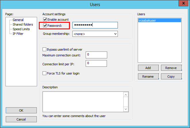 Configuring a password for the backup user