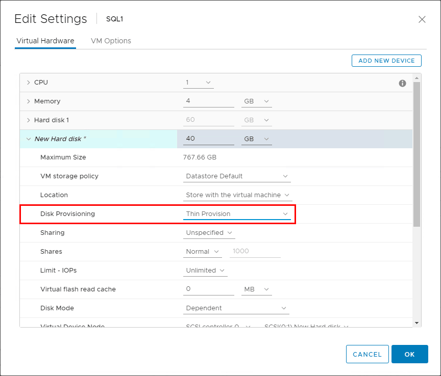 Provisioned space vmware что это