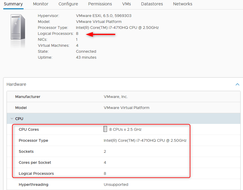 vmware workstation number of cores per processor