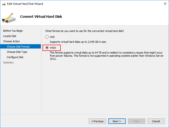 Choose the format of the virtual disk to convert to