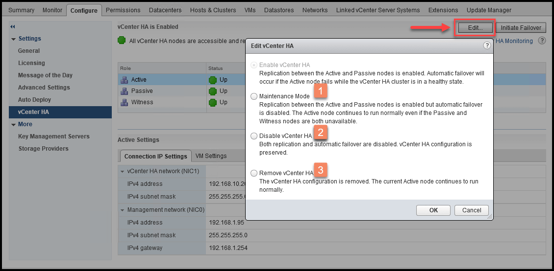 vcenter 6.5 ha options