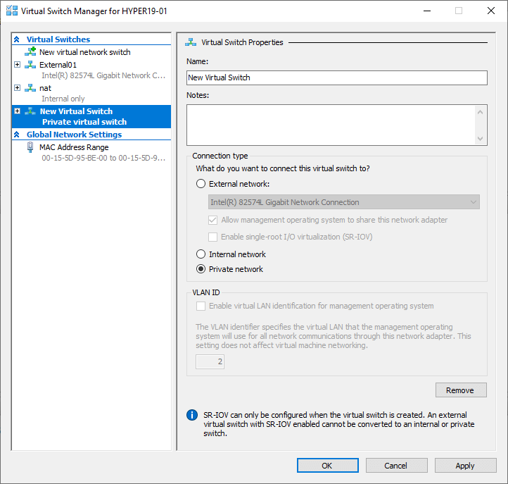 Private Virtual Switch in Hyper-V Virtual Switch Manager