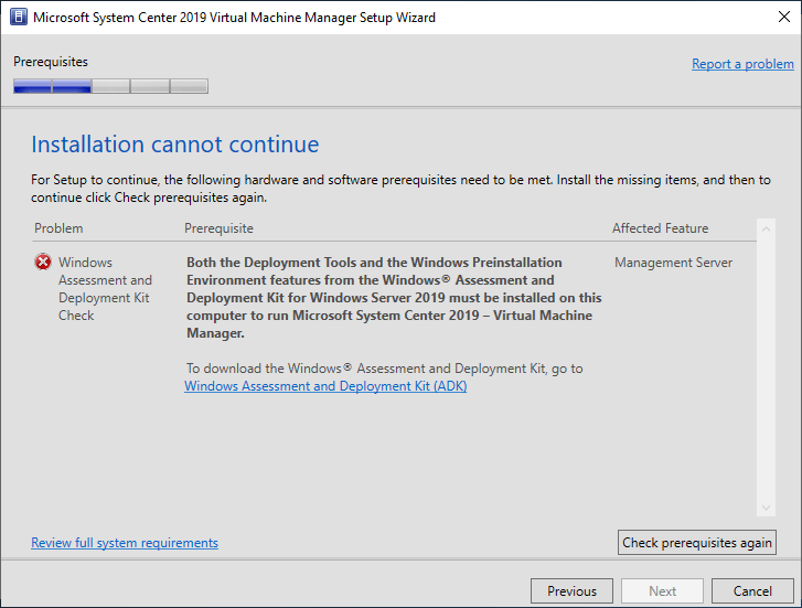 Prerequisites that were not found on the host will be listed in the prerequisites check dialog box