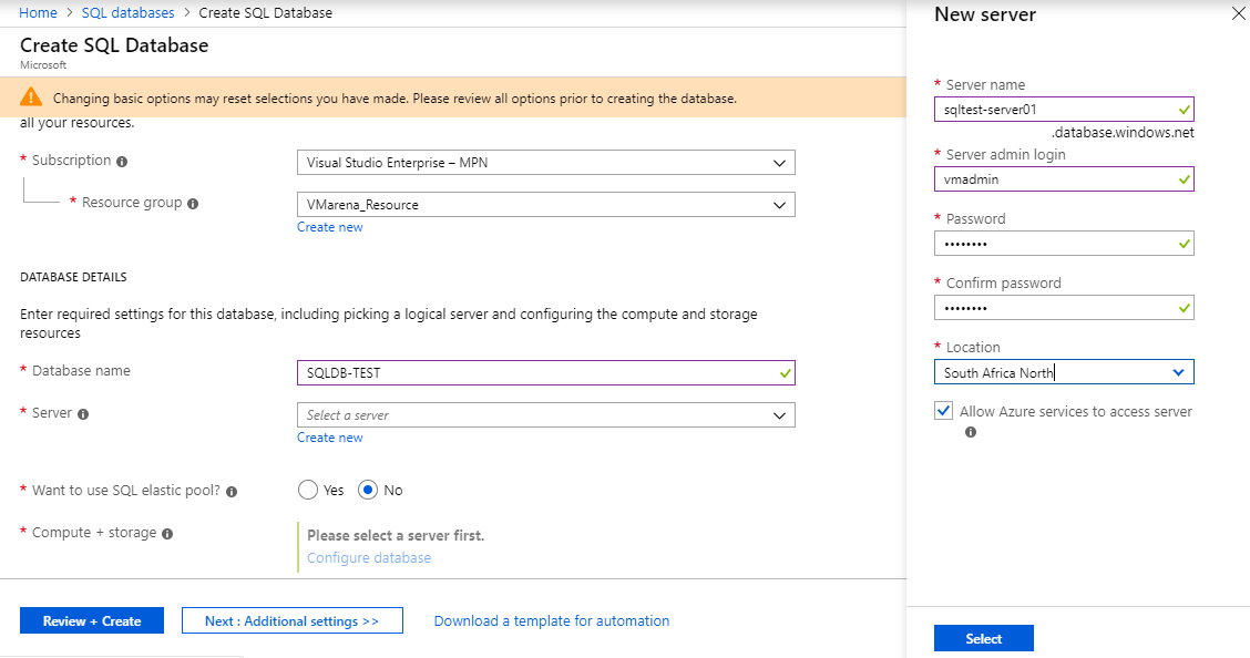 Creating Azure SQL Database