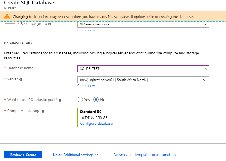 Creating Azure SQL Database