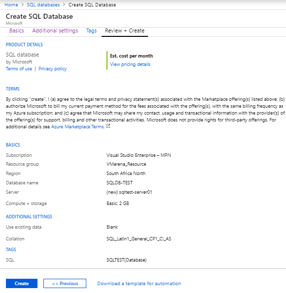 Creating Azure SQL Database