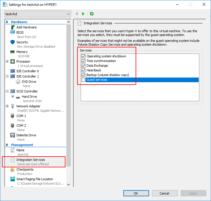 Les Services d'intégration Hyper-V peuvent être contrôlés par les propriétés de la machine virtuelle