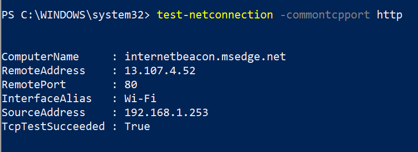 Running the Test-NetConnection PowerShell cmdlet to test HTTP connectivity