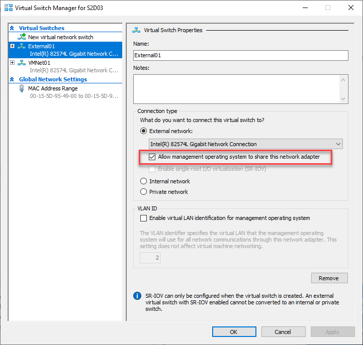 management operating system to share this network adapter