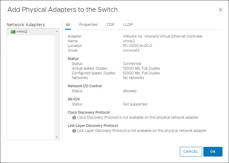 Choosing a free physical network adapter for a new vSphere Standard Switch