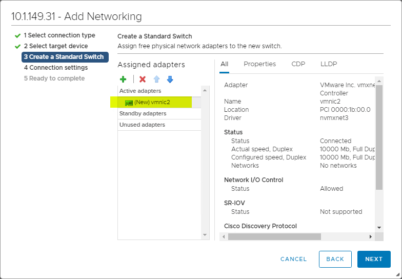 After adding the free physical network adapter to the new VSS