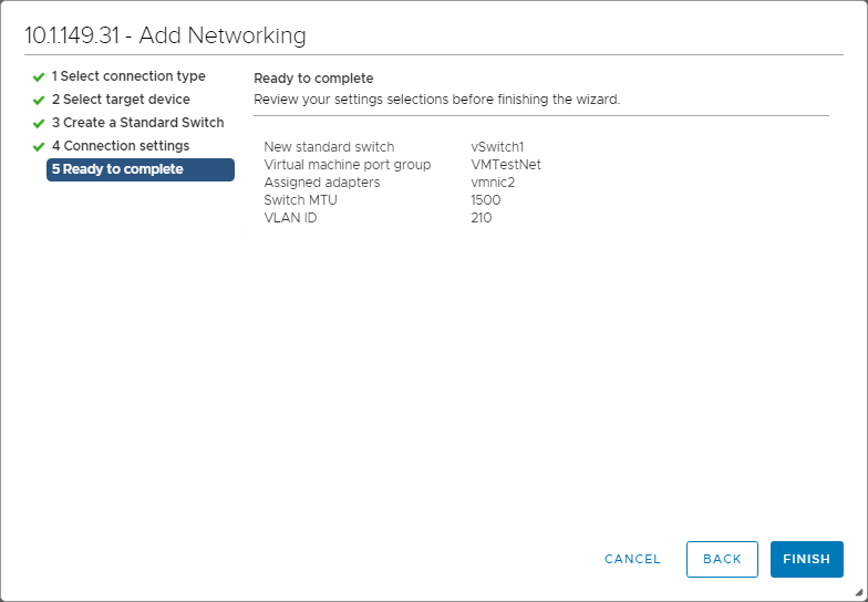 Completing the Add Networking wizard to add a new VSS to an ESXi host