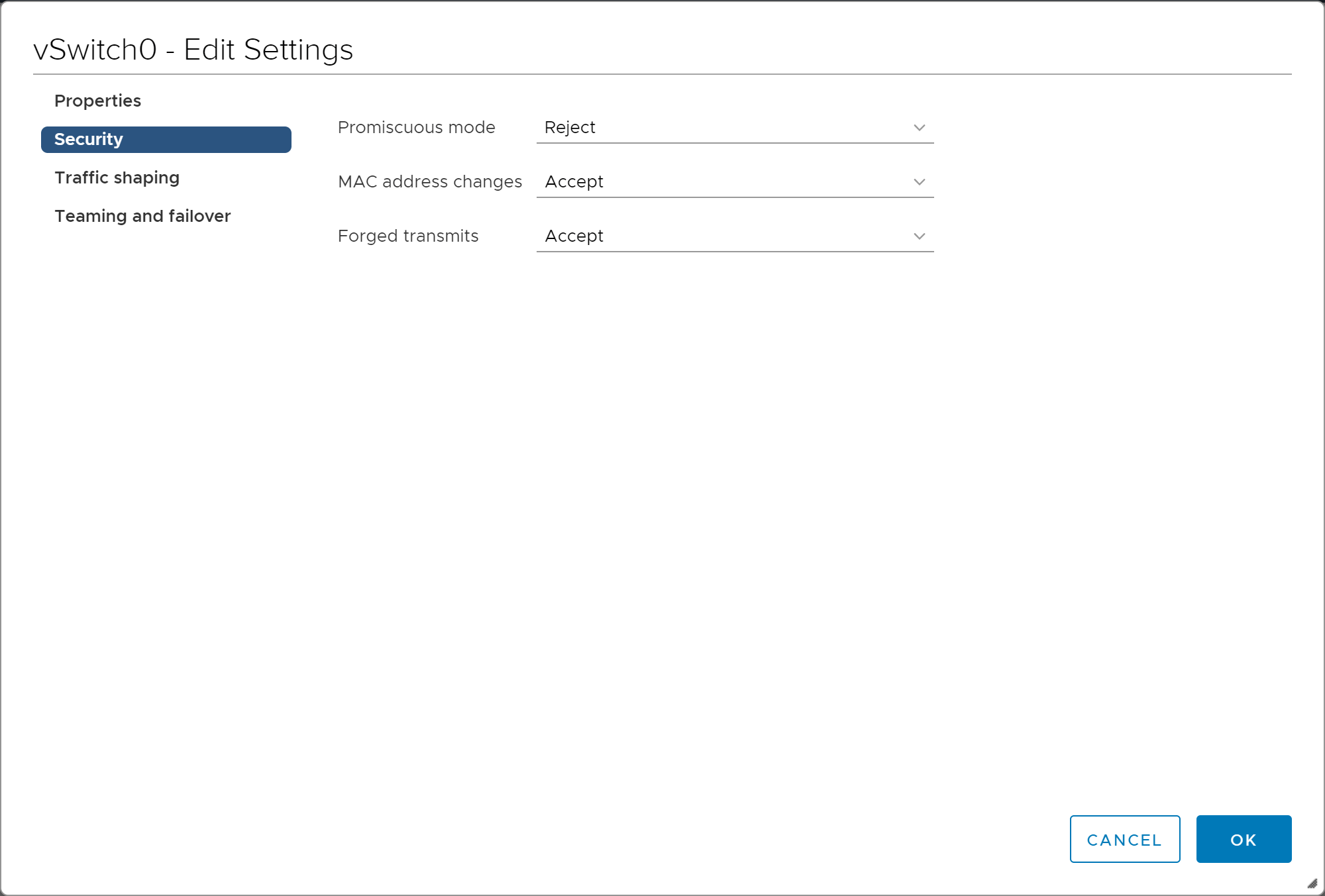 vSphere Standard Switch Security Settings