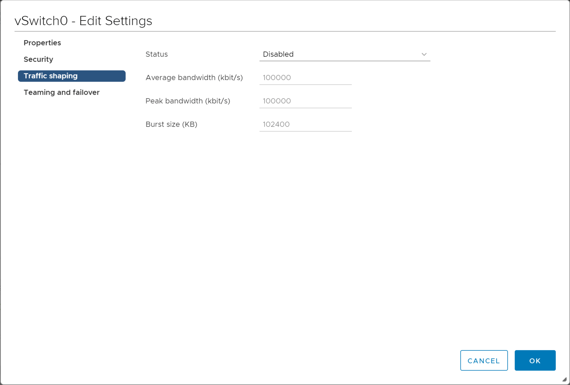 Looking at traffic shaping settings in the vSphere Standard Switch