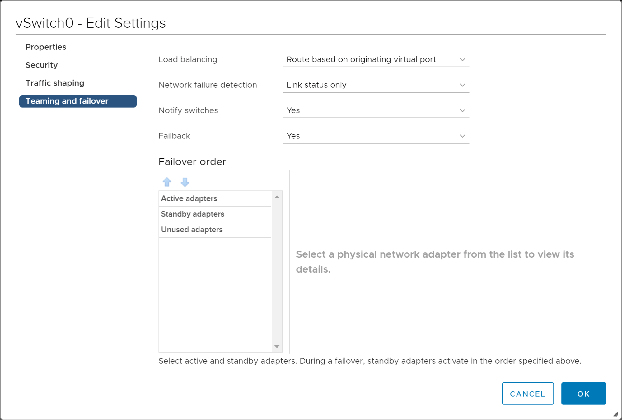 VSS Teaming and Failover Settings