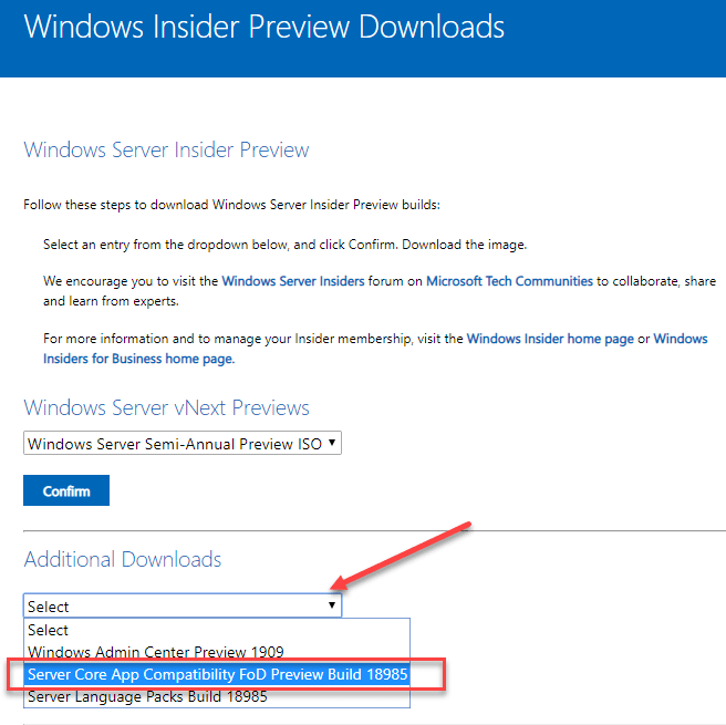 Downloading the Server Core App Compatibility FoD Preview Build