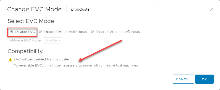 Disabling the EVC Mode on a vSphere cluster