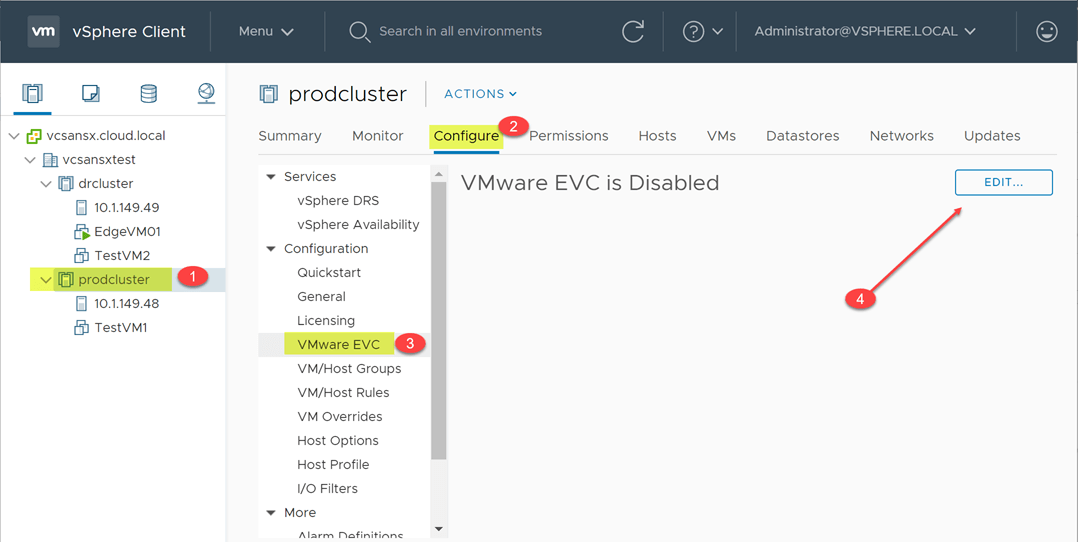 Configuring the VMware EVC Mode on a vSphere cluster