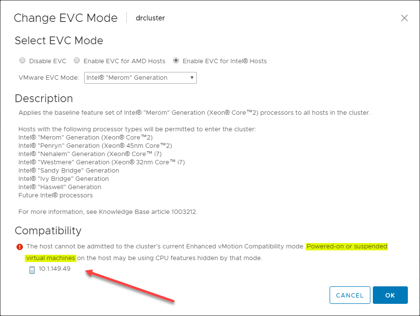 Compatibility warning for powered-on or suspended virtual machines