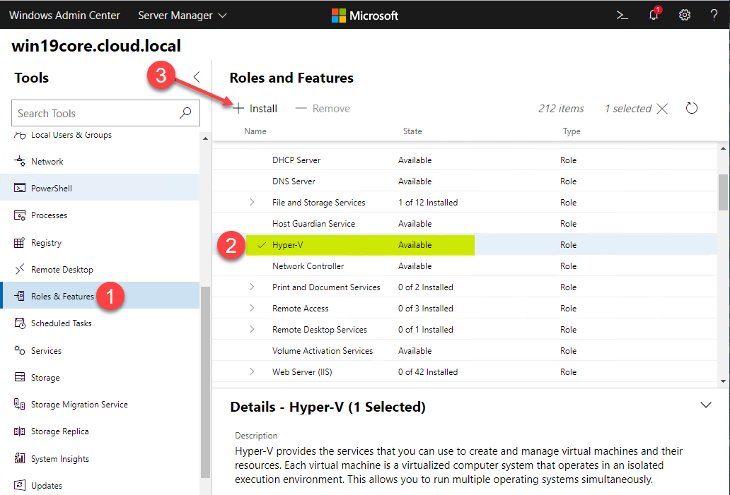 Using Windows Admin Center to install the Hyper-V Role