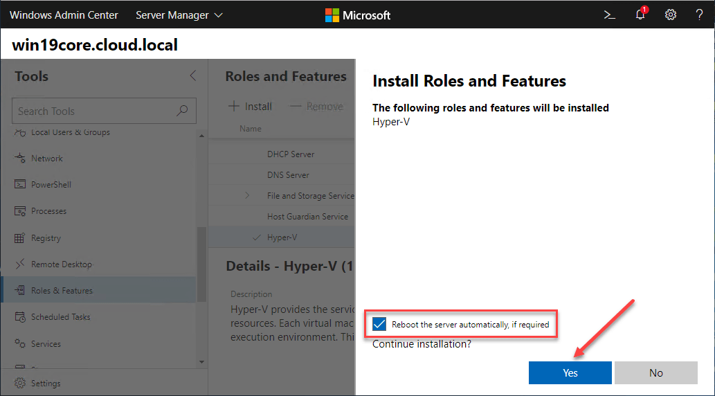 Hyper-V Role installation and reboot using Windows Admin Center