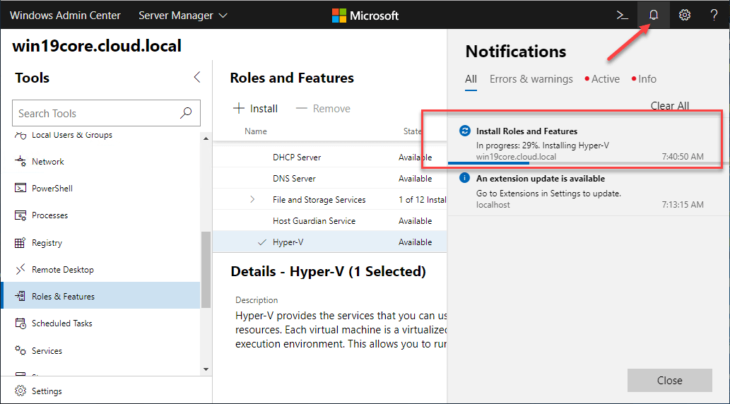 Monitoring progress of the Hyper-V role