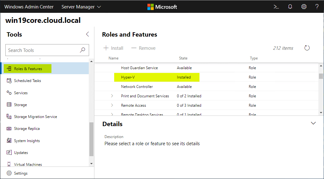 Windows Admin Center confirms the Hyper-V role