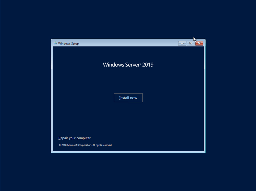 Beginning the install of Windows Server 2019