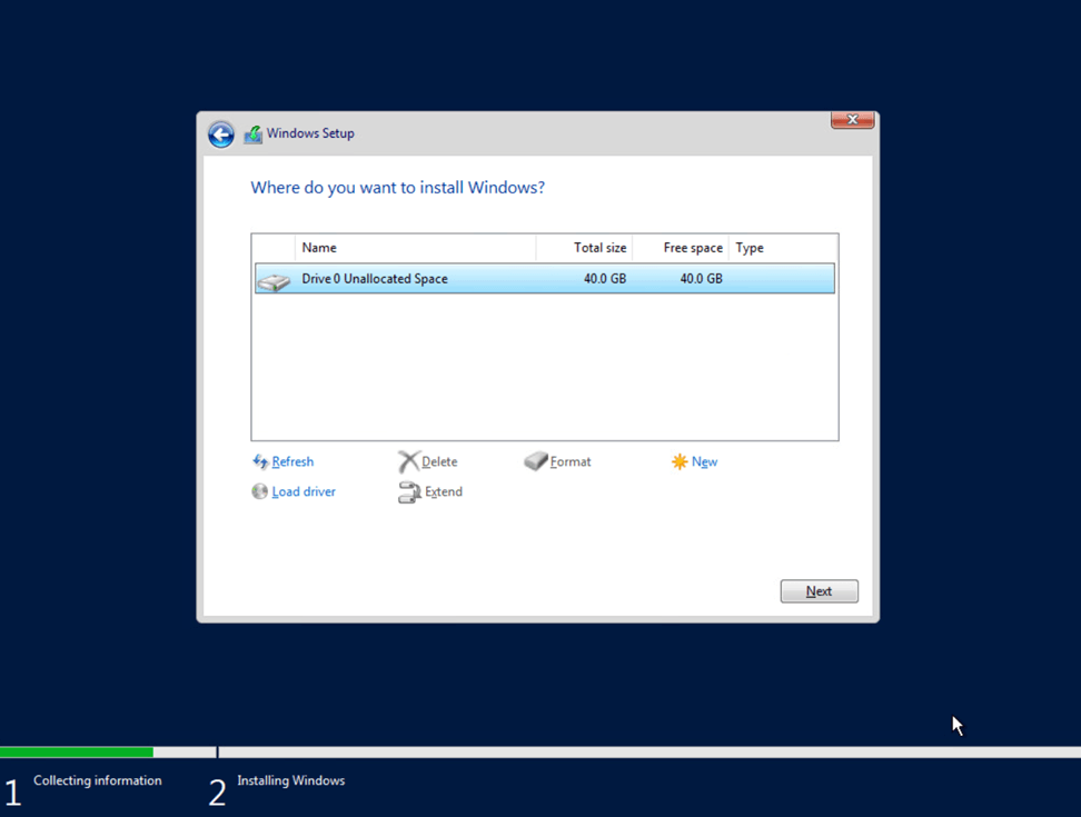 Choose the drive you want to install Windows Server 2019