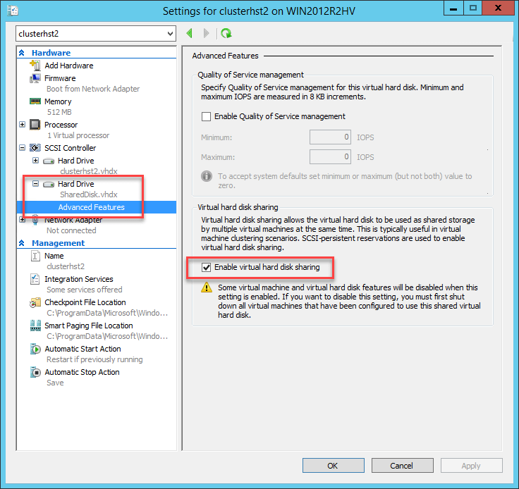 Enable virtual hard disk sharing on the second guest cluster host