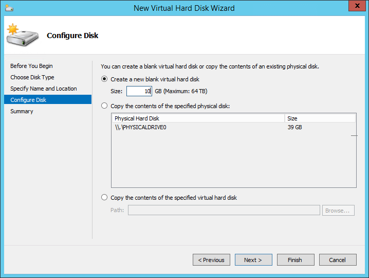 Configure the disk size for the new shared VHDX