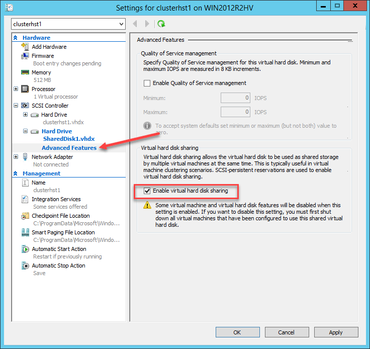 Enable sharing of the new virtual hard disk