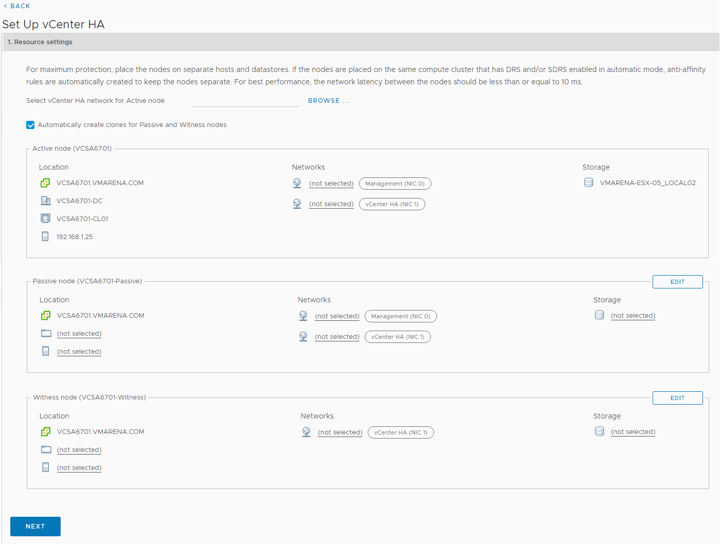 vCenter 6.7 High Availability Configuration