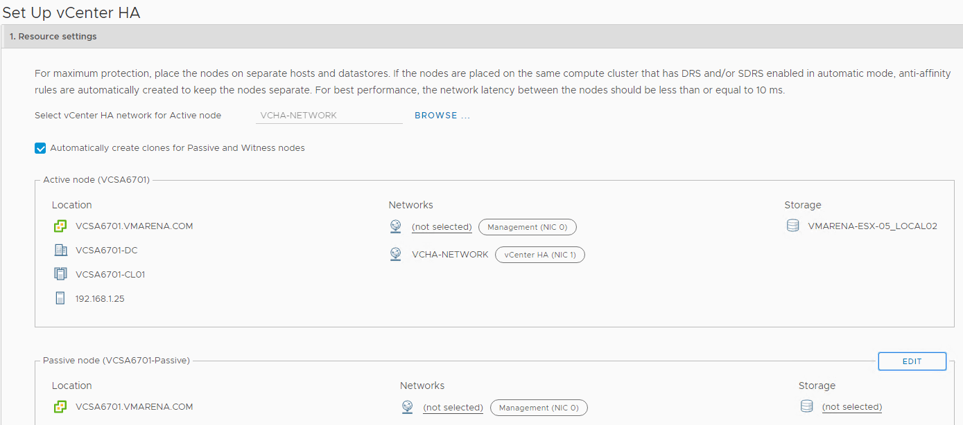 vCenter 6.7 High Availability Configuration