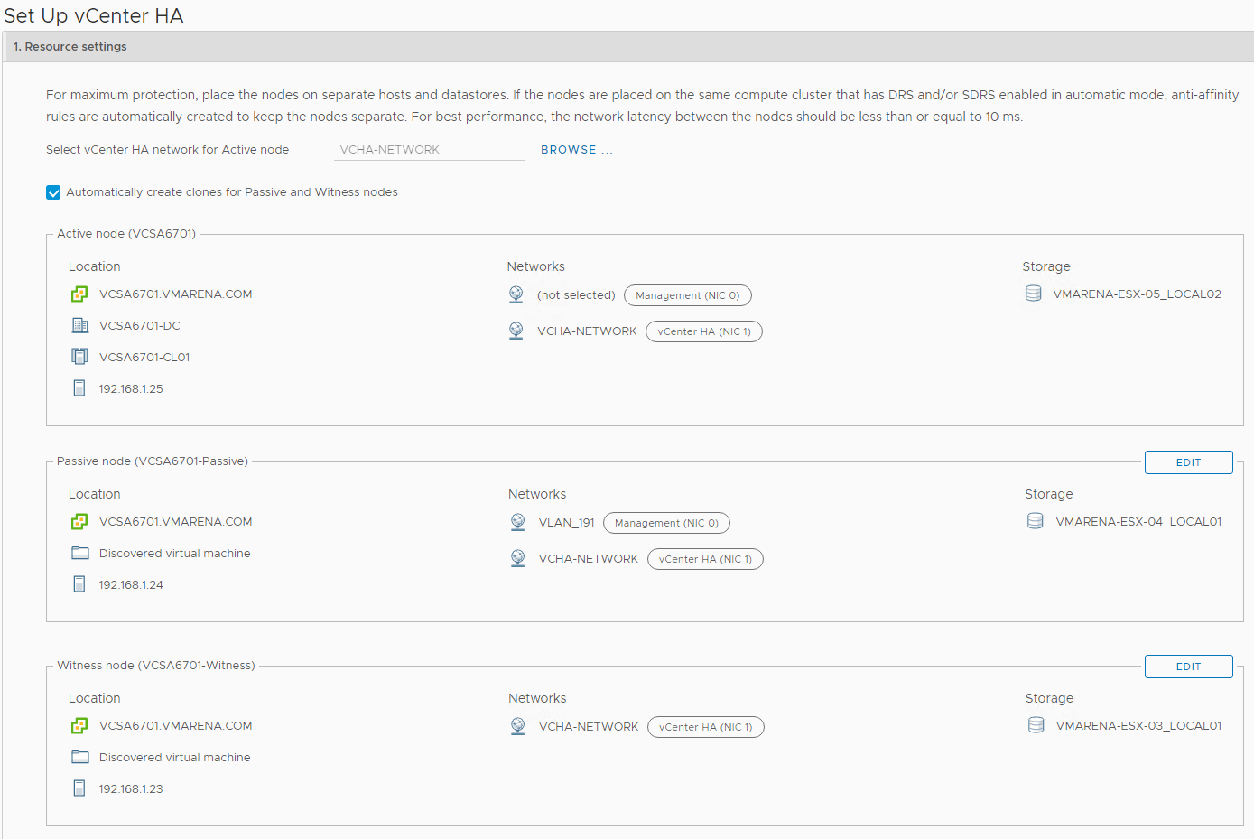 vCenter 6.7 High Availability Configuration