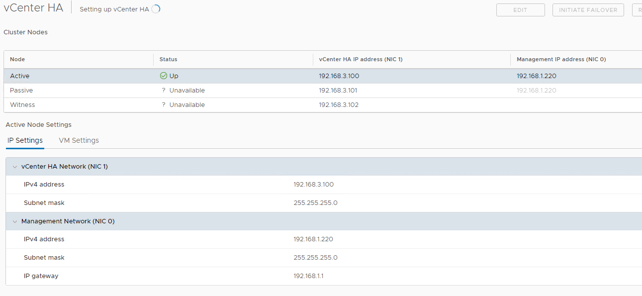 vCenter 6.7 High Availability Configuration