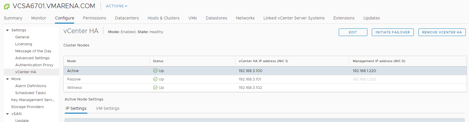 vCenter 6.7 High Availability Configuration