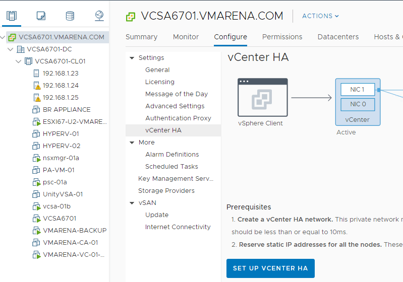 vCenter 6.7 High Availability Configuration