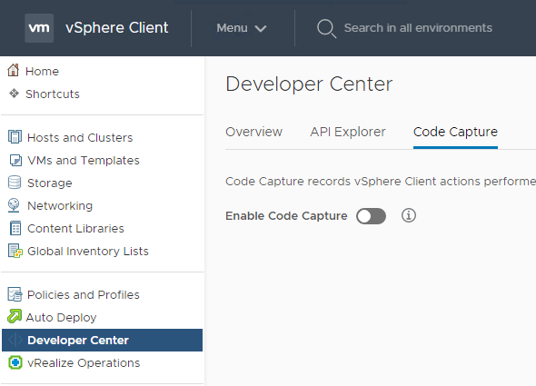 Developer Center Code Capture in vSphere