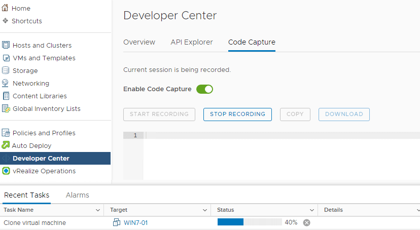 Developer Center Code Capture in vSphere