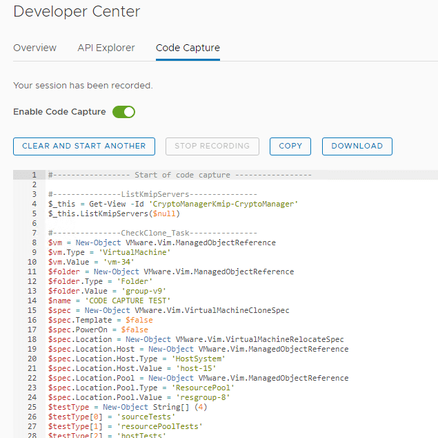 Developer Center Code Capture in vSphere
