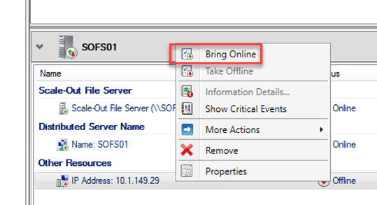 Bringing the SOFS IP Address resource online after configuration