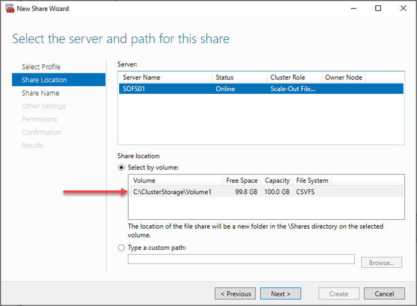 Select the server and path for the SOFS file share