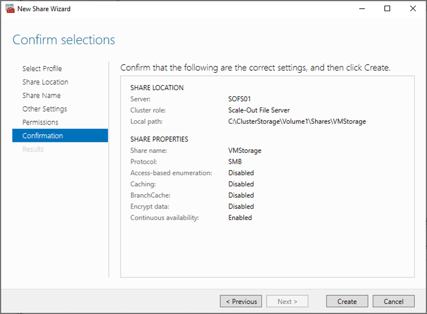 Confirm selections for creating the SOFS file share