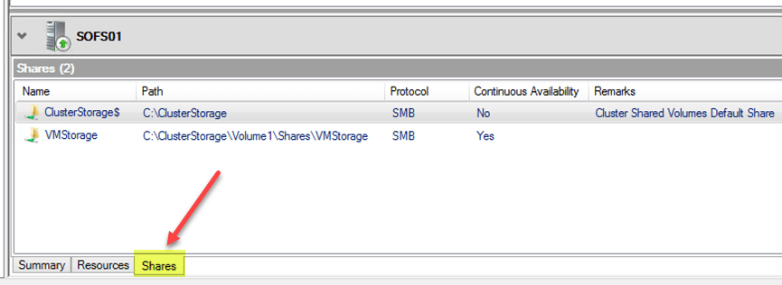 Confirming SOFS shares in Failover Cluster Manager